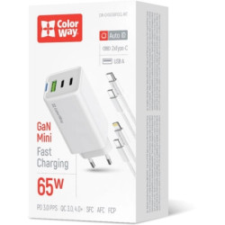 Зарядний пристрій ColorWay GaN Mini 65W PD Port PPS USB (USB-2C1A) cable Type-C&Lightning (CW-CHS058PDCL-WT)