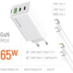 Зарядний пристрій ColorWay GaN Mini 65W PD Port PPS USB (USB-2C1A) cable Type-C&Lightning (CW-CHS058PDCL-WT)