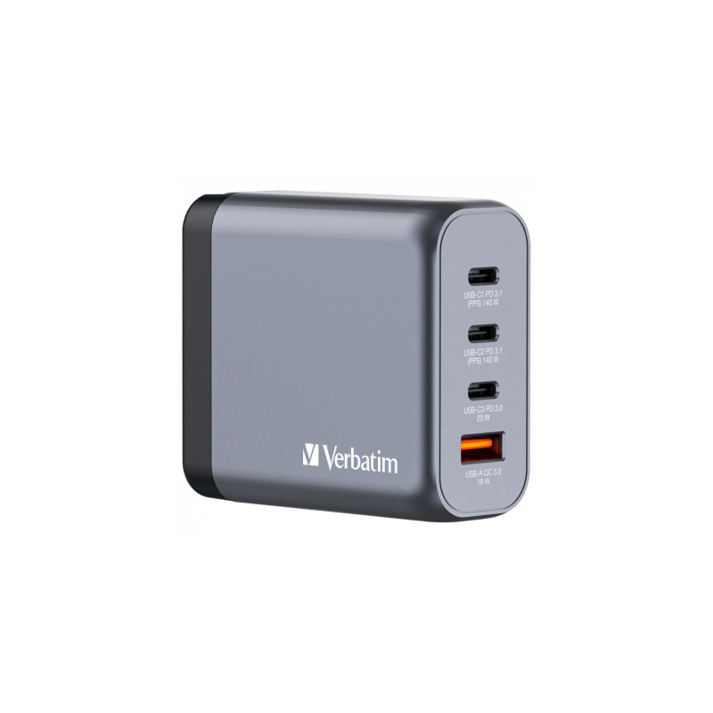 Зарядний пристрій Verbatim GaN 140 W 4 ports (2xUSB-C-140 W,USB-C 20 W /USB-A -3.0) (32203)