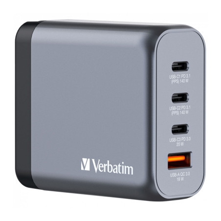 Зарядний пристрій Verbatim GaN 140 W 4 ports (2xUSB-C-140 W,USB-C 20 W /USB-A -3.0) (32203)