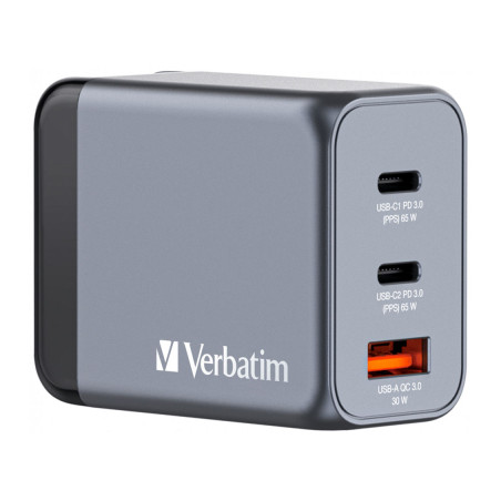Зарядний пристрій Verbatim GaN 65 W 3 ports (2xUSB-C-65 W /USB-A -3.0) (32201)