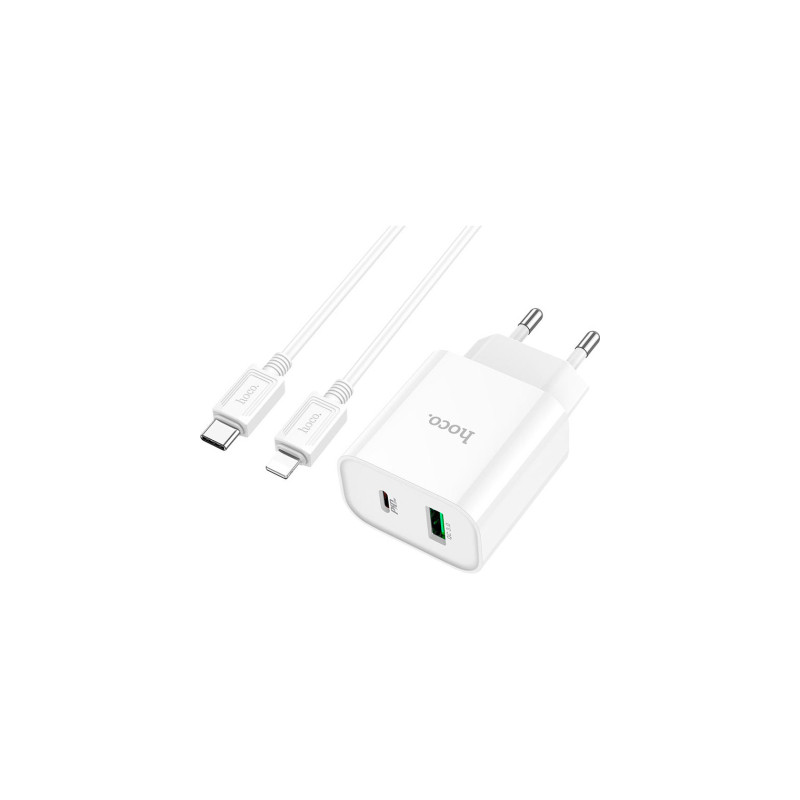 Зарядний пристрій HOCO C80A Plus Rapido 1xUSB-C PD20W + 1xUSB QC3.0 + cable USB-C to Lightning White (6931474779892)