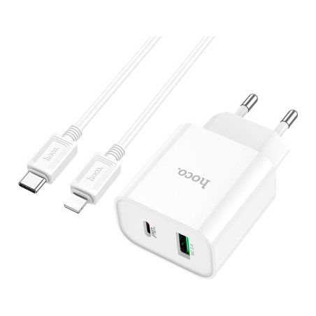 Зарядний пристрій HOCO C80A Plus Rapido 1xUSB-C PD20W + 1xUSB QC3.0 + cable USB-C to Lightning White (6931474779892)