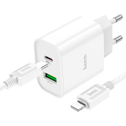 Зарядний пристрій HOCO C80A Plus Rapido 1xUSB-C PD20W + 1xUSB QC3.0 + cable USB-C to Lightning White (6931474779892)