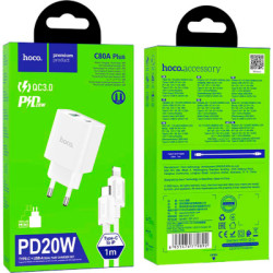 Зарядний пристрій HOCO C80A Plus Rapido 1xUSB-C PD20W + 1xUSB QC3.0 + cable USB-C to Lightning White (6931474779892)