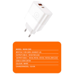 Зарядний пристрій WUW C209 1xUSB-C PD45W + 1xUSB QC3.0 18W White (WUW-C209)