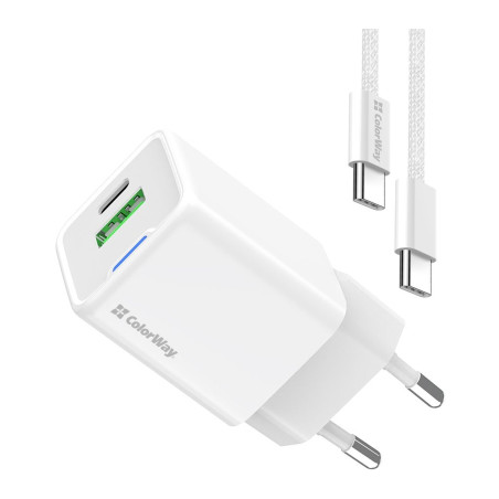 Зарядний пристрій ColorWay C101A GaN Mini 20W PD PPS USB-C + USB-A QC4.0 + cable USB-C to USB-C black (CW-CHS062PDC-WT)