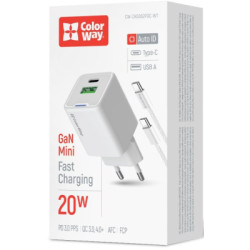 Зарядний пристрій ColorWay C101A GaN Mini 20W PD PPS USB-C + USB-A QC4.0 + cable USB-C to USB-C black (CW-CHS062PDC-WT)