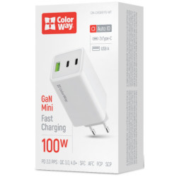 Зарядний пристрій ColorWay C101B GaN Mini 100W PD PPS 2xUSB-C + USB-A white (CW-CHS061PD-WT)