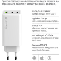 Зарядний пристрій ColorWay C101B GaN Mini 100W PD PPS 2xUSB-C + USB-A white (CW-CHS061PD-WT)