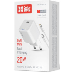 Зарядний пристрій ColorWay C101D GaN Mini 20W PD PPS USB-C + cable USB-C to Lightning white (CW-CHS059PDL-WT)