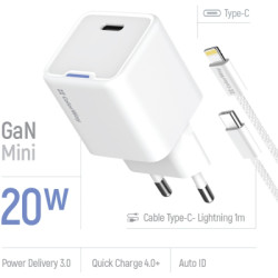 Зарядний пристрій ColorWay C101D GaN Mini 20W PD PPS USB-C + cable USB-C to Lightning white (CW-CHS059PDL-WT)