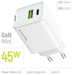 Зарядний пристрій ColorWay C101E GaN Mini 45W PD PPS USB-C + USB-A QC4.0 white (CW-CHS060PD-WT)