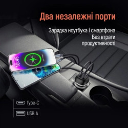 Зарядний пристрій ColorWay USB-C PD65W + USB QC3.0 car adapter (CW-CHA068PD-BK)