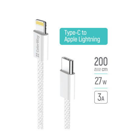 Дата кабель USB-C to Lightning 2.0m PD 27W braided gray ColorWay (CW-CBPDCL068-GR)