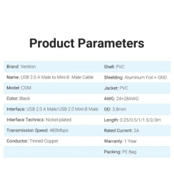 Дата кабель USB 2.0 AM to Mini 5P 2.0m black Vention (COMBH)