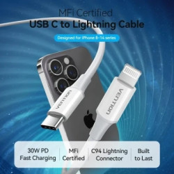 Дата кабель USB-C to Lightning 1.0m 3A white Vention (LAKWF)