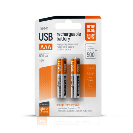 Акумулятор ColorWay AAА USB-С 590 mAh 1.5V (2шт) (Li-Polymer) (CW-UBAAA-09)