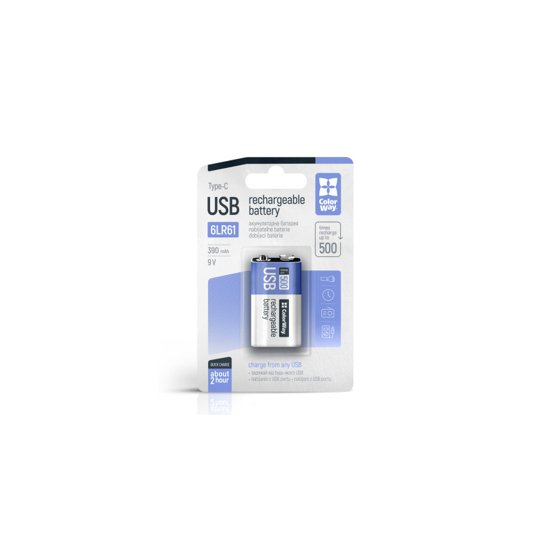 Акумулятор Крона USB-С 390 mAh 9V (Li-Polymer) ColorWay (CW-UB9V-06)