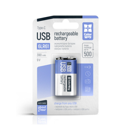 Акумулятор Крона USB-С 390 mAh 9V (Li-Polymer) ColorWay (CW-UB9V-06)