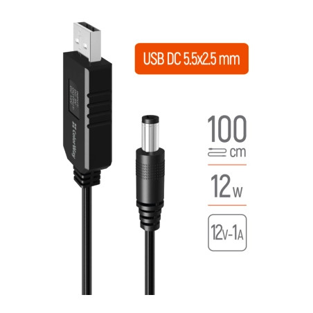 Кабель живлення USB to DC 5.5x2.5mm 12V 1.0m black ColorWay (CW-CBUD067-BK)