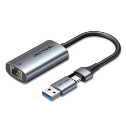 Перехідник USB-C + USB A to RJ45 Ethernet 1000Mbps 0.15m aluminum gray Vention (CFQHB)