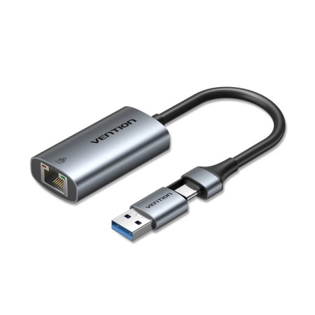 Перехідник USB-C + USB A to RJ45 Ethernet 1000Mbps 0.15m aluminum gray Vention (CFQHB)