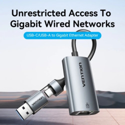 Перехідник USB-C + USB A to RJ45 Ethernet 1000Mbps 0.15m aluminum gray Vention (CFQHB)