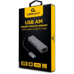 Концентратор USB-A to Gigabit Ethernet, 3 Ports USB 3.1 Gen1 Cablexpert (A-AMU3-LAN-01)