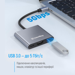 Концентратор ColorWay USB-C 3-in-1 USB 3.0 + HDMI 4K + USB-C PD100W (CW-HUB08)