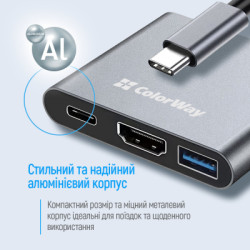 Концентратор ColorWay USB-C 3-in-1 USB 3.0 + HDMI 4K + USB-C PD100W (CW-HUB08)