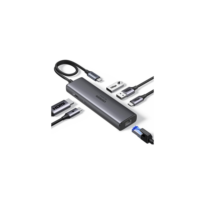 Концентратор Ugreen USB-C to HDMI + 2xUSB 3.2 + USB-C 3.2 + RJ45 + PD CM512 gray (45000)