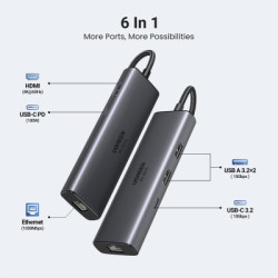 Концентратор Ugreen USB-C to HDMI + 2xUSB 3.2 + USB-C 3.2 + RJ45 + PD CM512 gray (45000)