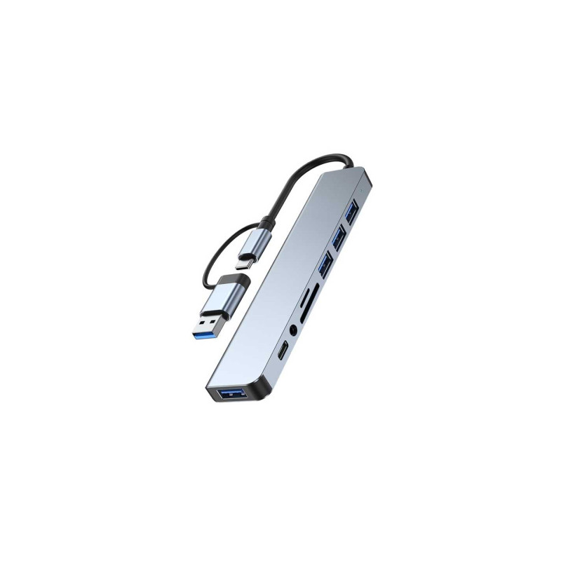 Концентратор Dynamode USB-C/A 8-in-1 1xUSB-C + 1xUSB 3.0 + 3xUSB 2.0 + 3.5mm audio + SD/TF silver (BYL-2218TU)