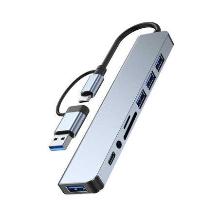 Концентратор Dynamode USB-C/A 8-in-1 1xUSB-C + 1xUSB 3.0 + 3xUSB 2.0 + 3.5mm audio + SD/TF silver (BYL-2218TU)