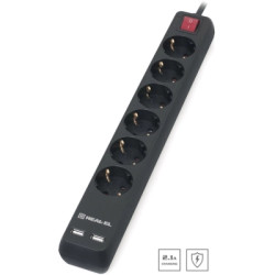 Мережевий фільтр живлення REAL-EL REAL-EL RS-6 PROTECT USB, 5m, black (EL122300018)