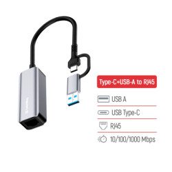 Адаптер USB-C + USB A to RJ45 Ethernet 1000Mbps ColorWay (CW-AD-CRG)