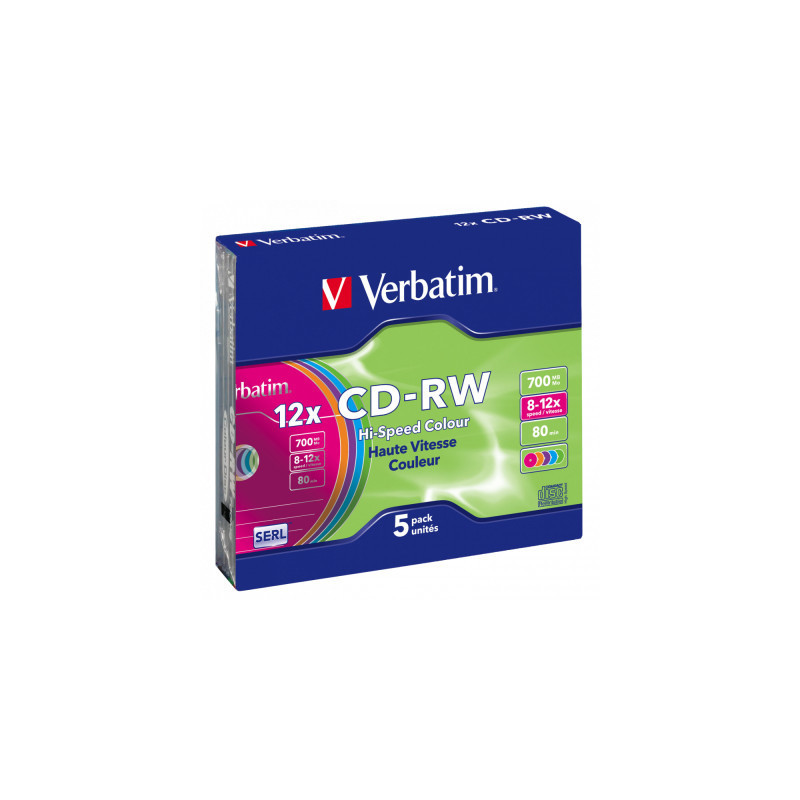 Диск CD Verbatim CD-RW 700Mb 12X SlimBox 5шт Color (43167)