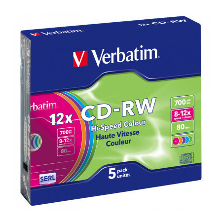 Диск CD Verbatim CD-RW 700Mb 12X SlimBox 5шт Color (43167)