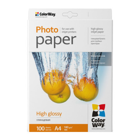 Фотопапір ColorWay A4 180г glossy 100л, картон-пак (PG180100A4)